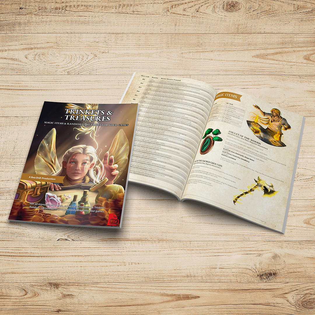 "Trinkets & Treasures RPG supplement featuring random loot tables, magic items, treasure rewards, potions, gems, and fantasy trinkets for tabletop roleplaying games."