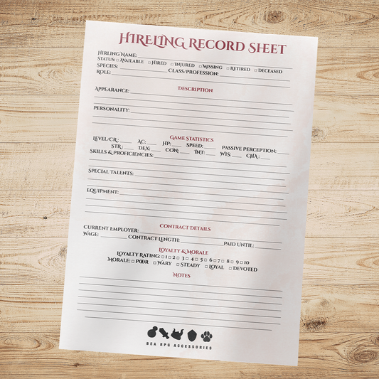 Hireling Record Sheet (Fillable & Printable PDF)
